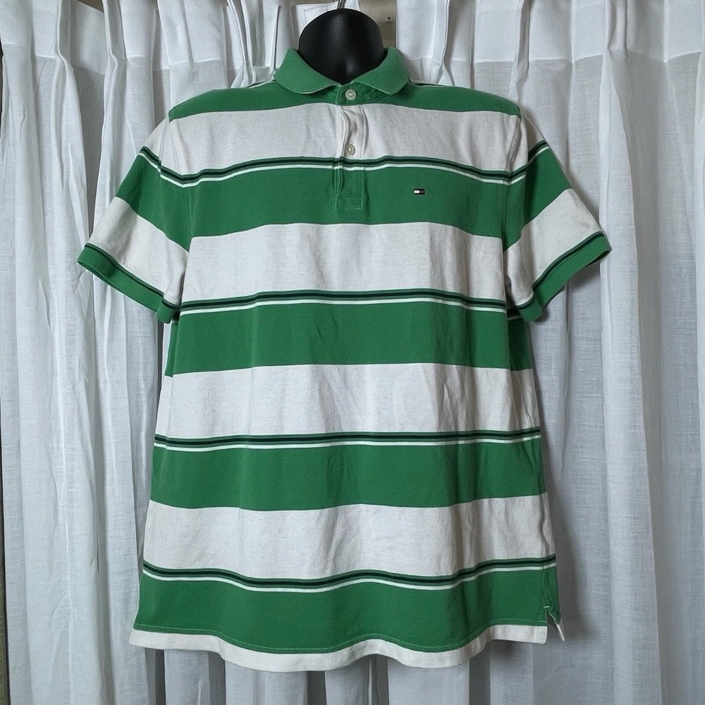 Tommy Hilfiger Polo Shirt Mens XL Custom Fit Cotton Green White Striped